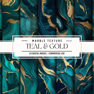 May include: 24 digital images of teal and gold marble texture. The images are ideal for creating backgrounds, patterns, and designs.