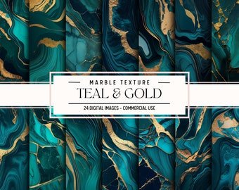 Teal and Gold Marble Digital Texture: 24 PNG Papers (Digital Download)