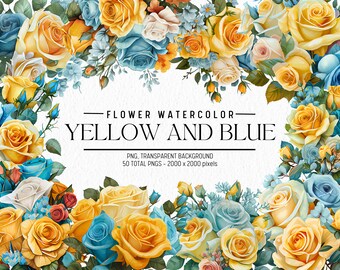 Watercolor Flower Clipart: Yellow & Blue Floral PNG Bundle (Commercial Use)