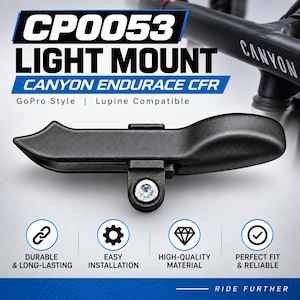 May include: A black CP0053 light mount for Canyon Endurace CFR bicycles, featuring a GoPro style interface and Lupine compatibility. The mount has a sleek, elongated design with a central attachment point secured by a silver-colored metal bolt.