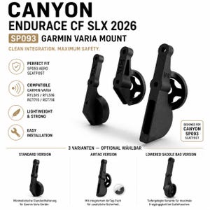 May include: Black Garmin Varia mounts for Canyon Endurace CF SLX 2026 SP093 seatposts. The image shows three different mount designs, including standard, AirTag, and lowered saddle bag versions. The mounts are designed for clean integration and maximum safety.
