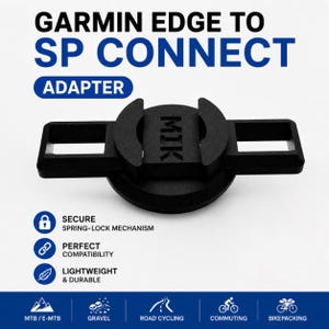Op de afbeelding: Zwarte Garmin Edge naar SP Connect adapter. De adapter heeft de tekst "GARMIN EDGE TO SP CONNECT ADAPTER" bovenaan. De adapter heeft de tekst "MIK" op de voorkant. De adapter is ontworpen voor MTB/E-MTB, gravel, racefietsen, woon-werkverkeer en bikepacking.