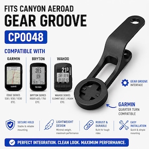 Könnte beinhalten: Schwarze Gear Groove Fahrradcomputerhalterung, kompatibel mit Garmin, Bryton und Wahoo Geräten. Verfügt über ein leichtes Design, sicheren Halt und einfache Installation. Der Text auf dem Bild lautet "Fits Canyon Aeroad Gear Groove CP0048".