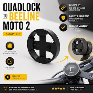 May include: Black Quad Lock to Beeline Moto 2 adapter. The adapter is designed for a secure and stable connection. The text on the image says "Perfect Fit", "Robust & Long Lasting", and "Easy Installation".