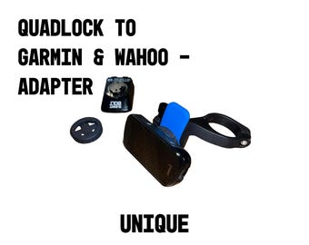 May include: Black Quadlock to Garmin & Wahoo adapter with a blue accent. The adapter includes a black circular piece and a black mount. The text "QUADLOCK TO GARMIN & WAHOO - ADAPTER" and "UNIQUE" are displayed.