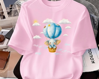 Cute Elephant Hot Air Balloon Kids T-shirt, Whimsical Watercolor Graphic Tee, Soft Cotton Toddler Shirt, Adventure Gift