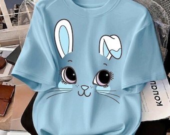 Kawaii Bunny Face Kids T-Shirt, Cute Rabbit Graphic Tee, Aesthetic Toddler Shirt, Pastel Blue Easter Outfit, Minimalist Animal Youth Tee