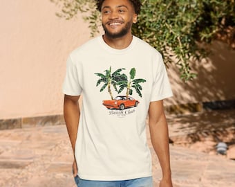 Vintage Aesthetic Tropical Car Shirt, Retro Palm Tree Tee, Coastal Summer Apparel, Men's Surf Club Top, Orange Porsche Inspired Graphic