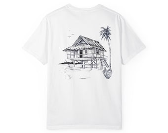 Comfort Colors® Surf T-shirt, tropical beach house design, palm tree print, surfwear, coastal aesthetic, summer vacation t-shirt, hand-drawn