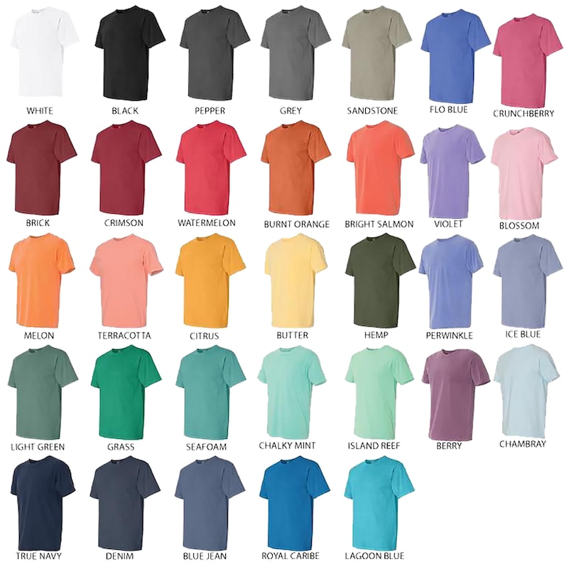 May include: A collection of short-sleeved t-shirts in various colors, including white, black, grey, and blue. Each shirt is displayed with its color name underneath, such as "White," "Black," and "Flo Blue." The shirts are made of a soft material.