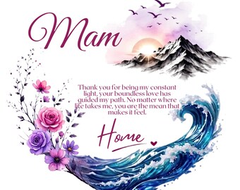 Mam Sublimation Design Motherhood Quote, Watercolor Mountain Wave PNG, Sentimental Floral Heart, Ocean Sunset Apparel Graphic