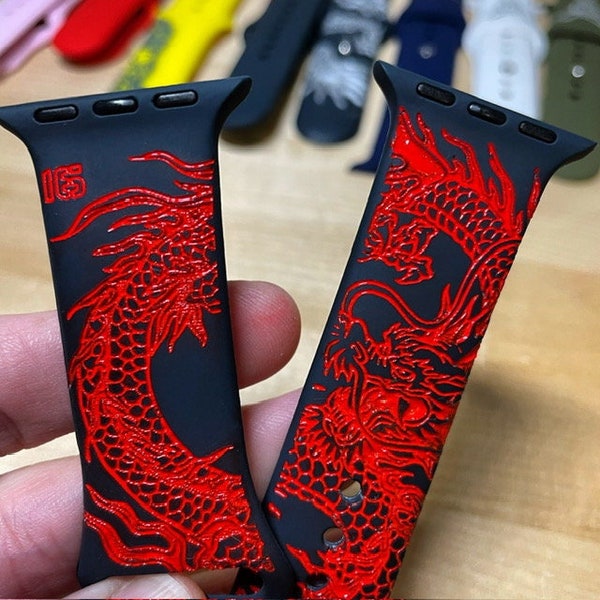 Apple Watch band made of engraved silicone, dragon tattoo design for series ultra SE 8 7 6 5 4 3 2 1