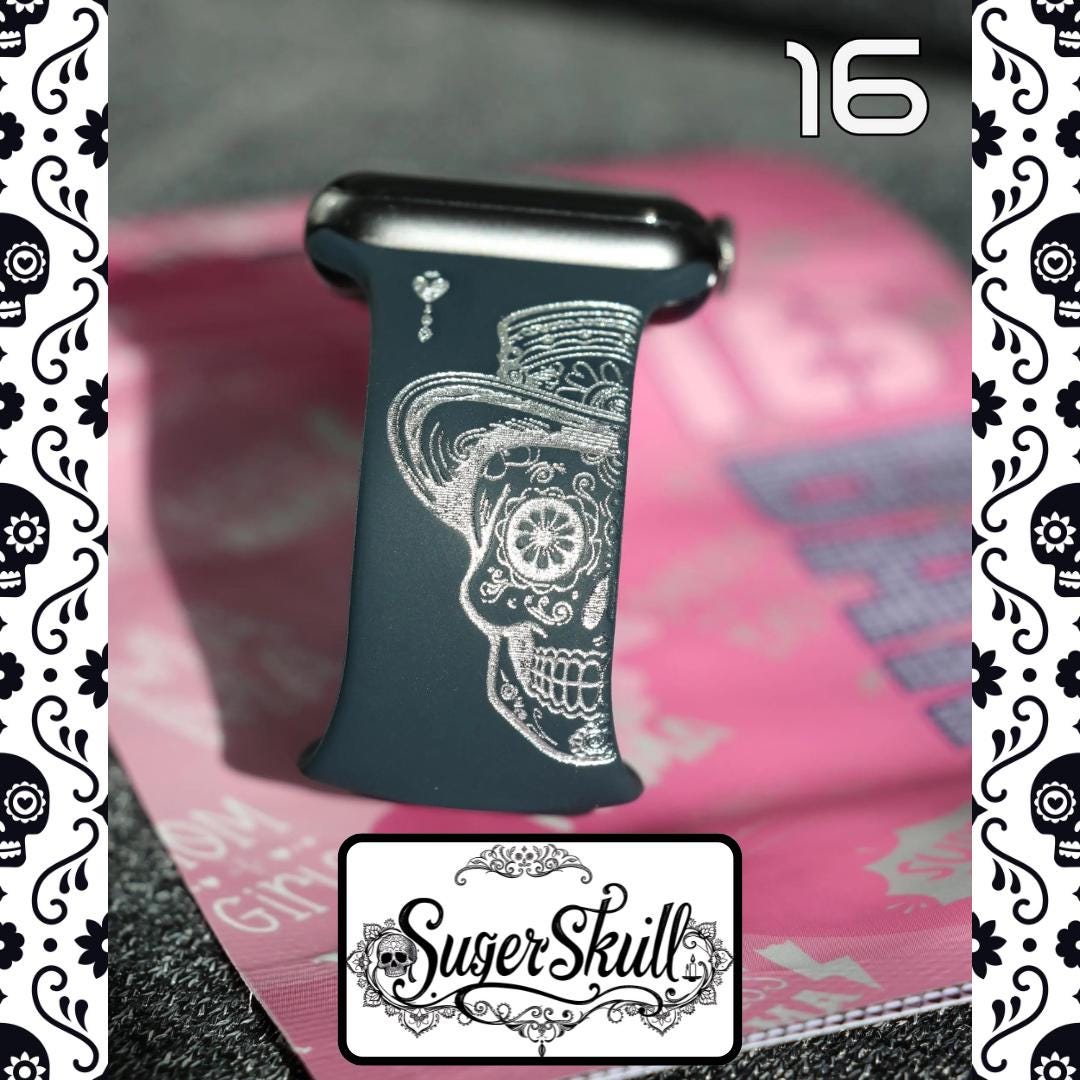 Apple watch band, mexican sugar skull for women, engraved silicone for iwatch ultra SE 10 9 8 7 6 5 4 3 2 1,38 40 41mm 42 44 45 49mm, cute
