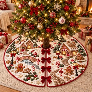 May include: A round, quilted Christmas tree skirt featuring a festive gingerbread village scene. The design includes gingerbread houses, gingerbread people, candy canes, stone paths, and street lamps on a white background with red bow closures.