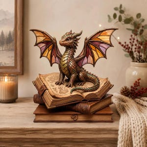 May include: A small dragon figurine with textured scales and stained-glass style wings in shades of orange, yellow, and purple. The dragon sits atop a stack of two antique-style books, with the top book open to reveal printed symbols and illustrations.