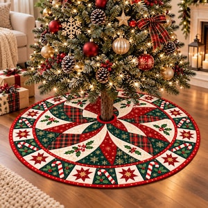 May include: A circular Christmas tree skirt featuring a festive pattern of red and green plaid, white poinsettias, holly berries, and candy canes. The design is arranged in a radial starburst layout with a central opening for the tree trunk.