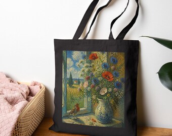 Cotton Wildflower Bouquet Tote Bag | Cottage core Floral style 15" x 16"