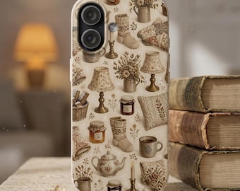 Vintage Cozy Home Pattern phone case | biodegradable iPhone 17 case, cottagecore kitchen decor
