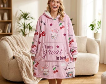 Hooded Blanket | Kawaii Cherry Bunny Fleece Lounger Pocket Hoodie