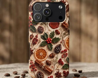 Holiday Spice Pattern Tough iPhone Case | Pinecone, Orange Slice, Holly