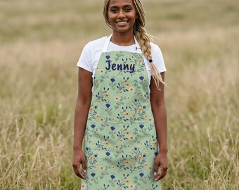 Floral Name Apron Personalized  | Green Wildflower Pattern, Cooking Apron