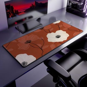 Rust Floral Desk Mat - Minimalist Neoprene Desk Pad with Cream and Black Flower Design, Anti-Slip Mouse Pad for Office, Gaming, and Craft