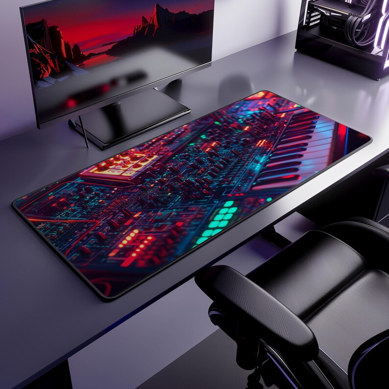 Synth Mat Synthwave Desk Mat | Neoprene | Anti-slip | Retro Synthesizer Glow ...