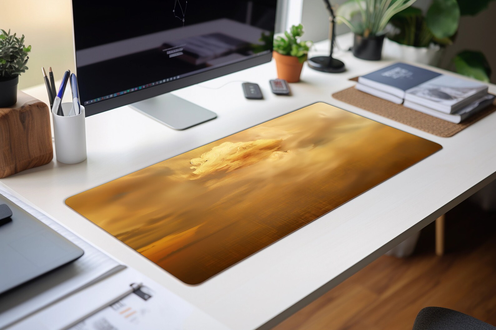 Golden Sky Computer Desk Mat | Ethereal Cloudscape Mouse Pad | Anti ...