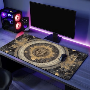 Alfombrilla de escritorio con diseño de sol dorado, de neopreno, antideslizante, diseño de carta astral, decoración para oficina y juegos, 3 tamaños