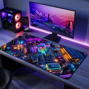 Pode incluir: Um tapete de rato retangular com um design vibrante de placa de circuito em cores neon azul, verde, laranja e roxo. Um rato de computador preto está sobre o tapete. Um monitor de computador, uma coluna e uma torre de computador estão no fundo.