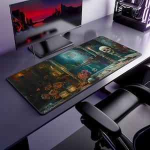 May include: A dark green and black gaming mouse mat featuring a detailed illustration of a skull, roses, and candles. The illustration has a vintage, gothic aesthetic.