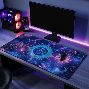 Mystic Sun & Moon Desk Mat | Neoprene | Anti-Slip | Vibrant Celestial Galaxy Design | Office Gaming Decor | 3 Sizes