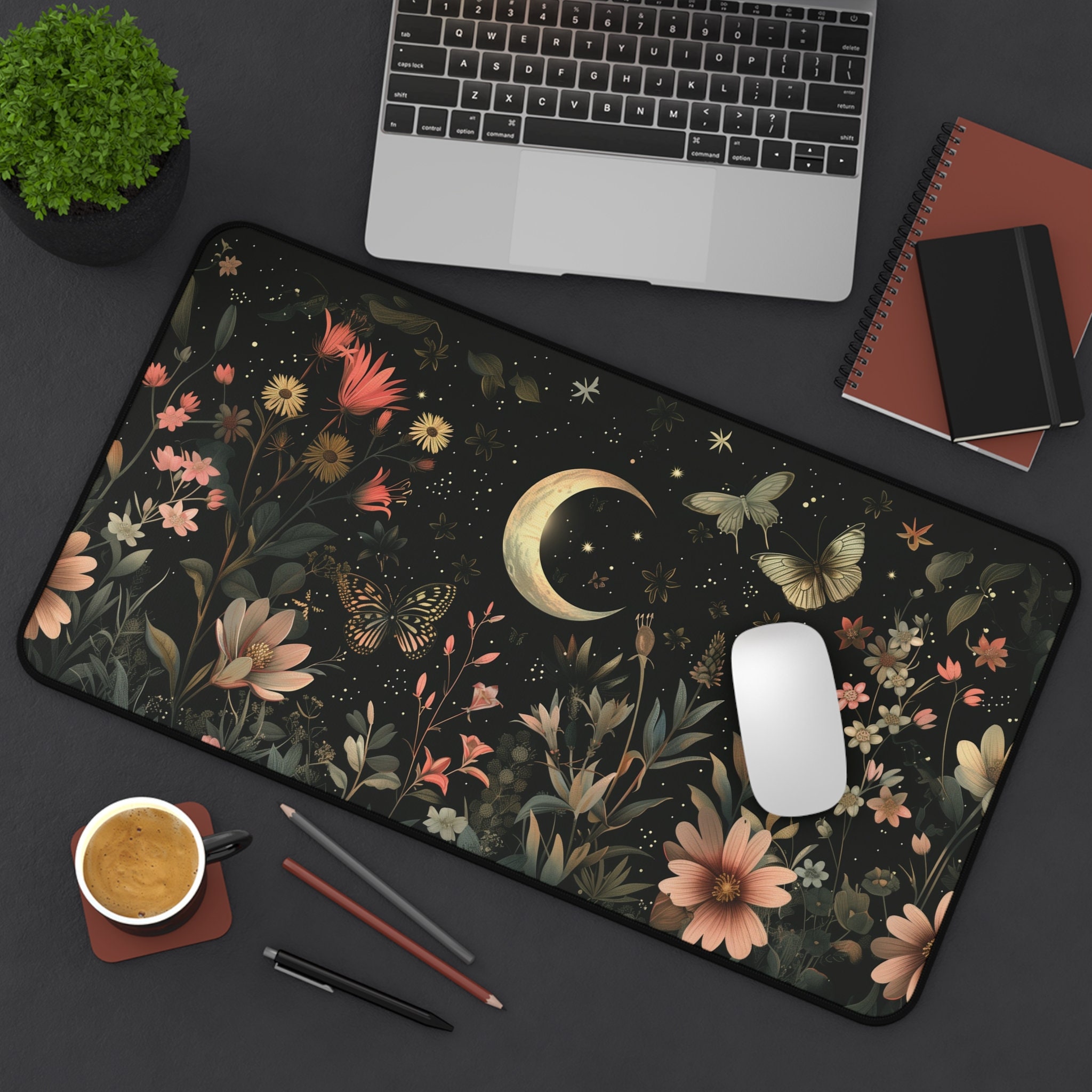 Moonlit Garden Computer Desk Mat | Floral and Butterfly Mouse Pad ...