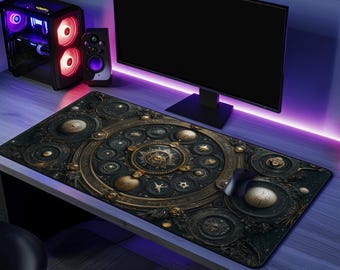 Tapis de bureau Stellar Phases | Néoprène | antidérapant | Lune céleste et design astrologique | Décoration de bureau | 3 tailles