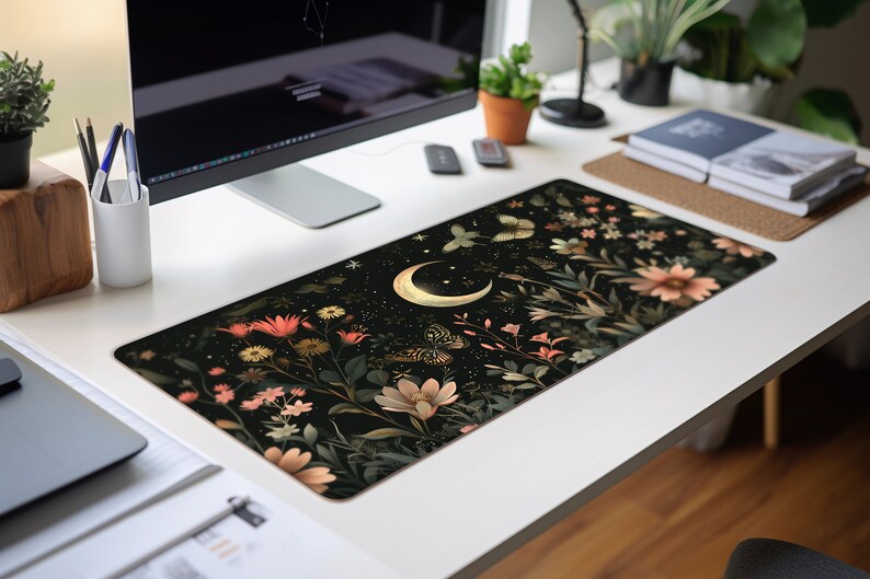 Moonlit Garden Computer Desk Mat | Floral and Butterfly Mouse Pad ...