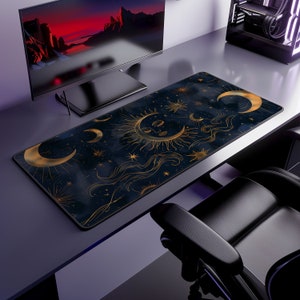 Celestial Sun and Moon Computer Desk Mat | Mystic Stars Mouse Pad | Anti-Slip Neoprene Desk Mat for Home Office | 3 Sizes Available