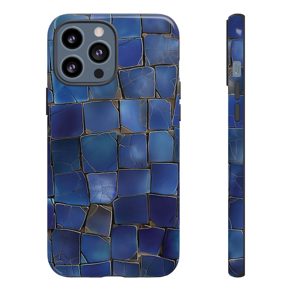 Deep Blue Mosaic Phone Case, Elegant Ceramic Tile Design, Wireless Charging Compatible, iPhone, Samsung, Pixel, Glossy or Matte Finish