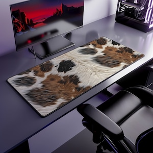 May include: A rectangular desk mat with a cowhide pattern in shades of brown, black, and white. The mat is designed to protect the desk surface and provide a smooth area for a mouse and keyboard. The mat is placed on a desk with a computer monitor and a computer tower.