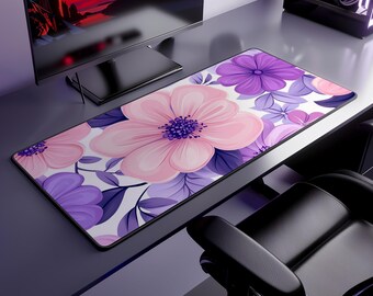 Pink and Purple Floral Desk Mat - Elegant Neoprene Desk Pad with Bold Flower Design, Anti-Slip Mouse Pad for Office, Gaming, and Craft