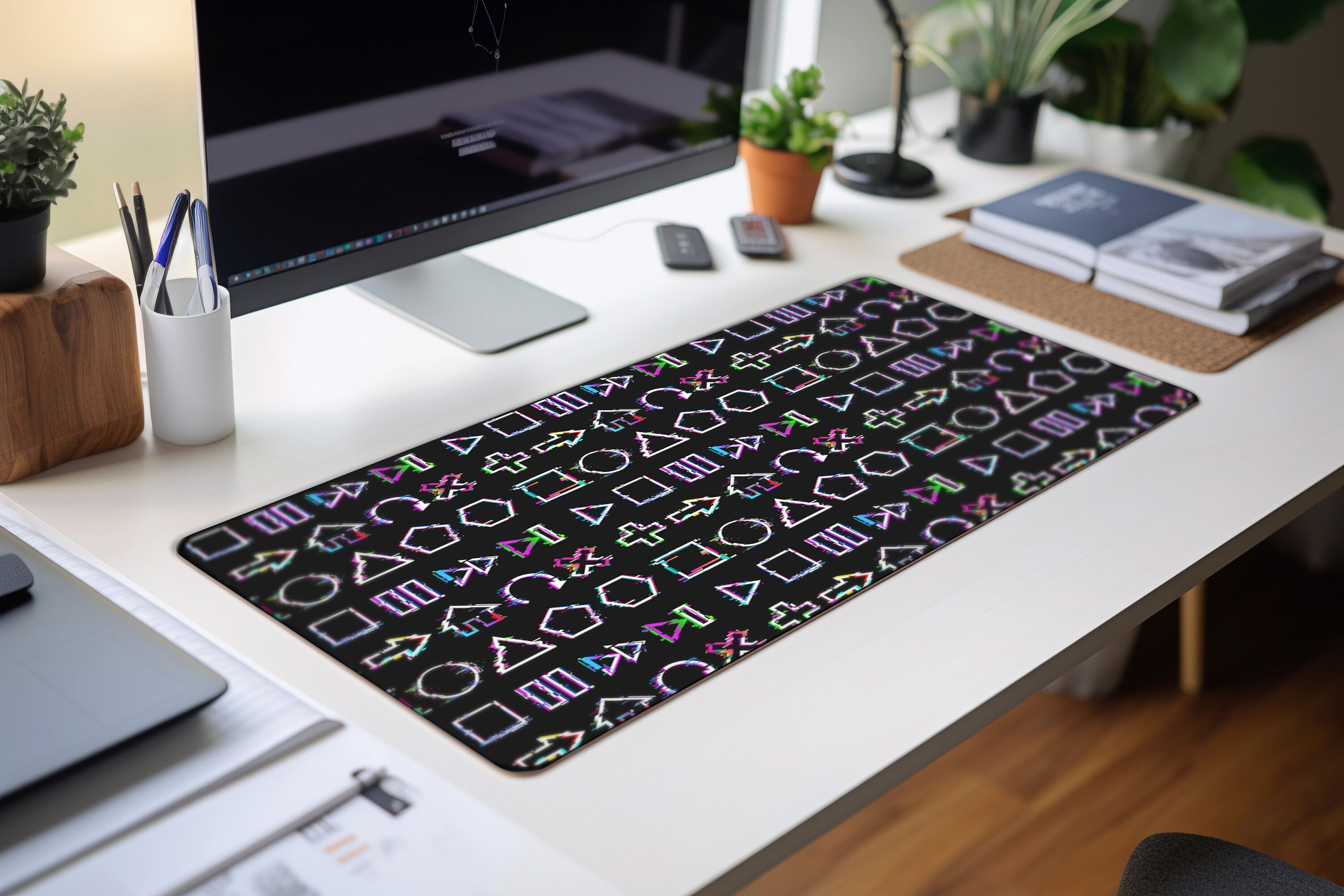 Button Design Mat Retro Button Geometric Symbol Desk Mat - Customizable Neoprene Anti ...