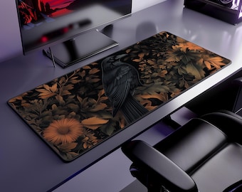 Raven Desk Mat with Autumn Florals - Neoprene Desk Pad, Anti-Slip Backing, Durable Hemmed Edge - Gothic Gaming or Office Mat - 3 Sizes