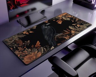 Raven and Floral Desk Mat - Autumn Botanical Design on Black Background - Neoprene Surface, Anti-Slip Backing, Durable Hemmed Edge