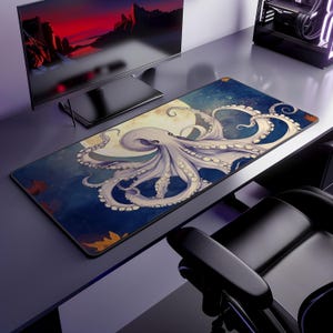 Mystical Octopus Desk Mat - Moonlit Ocean Design with Autumn Leaves - Soft Neoprene Mouse Pad - Anti-Slip Backing and Hemmed Edges