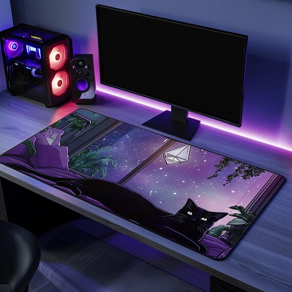 Mystical Cat Desk Mat - Mouse Pad with Anti-Slip Backing - Hemmed Edges for Durability - Multiple Sizes for Work, Gaming, or Crafting