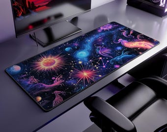 Tapis de bureau Galaxie du zodiaque | Néoprène | antidérapant | Constellation vibrante et design cosmique | Décoration de bureau | 3 tailles