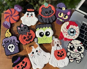 Halloween Punch Needle Coaster,Spooky Mug Rug, Pumpkin Drink Coasters, Spooky Home Decor, Halloween Party Decor,Tufted Rug,Christmas Gift