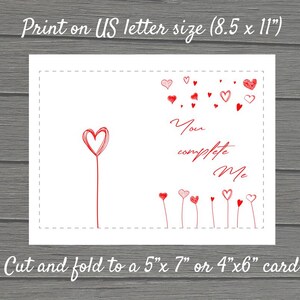 Afdrukbare liefdeskaart, je maakt mij compleet, hart, digitale download, schattig, romantisch, Valentijnsdag, instant pdf en jpg 5"x7" 4"x6"