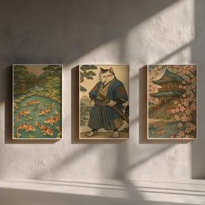 Kyoto Serenity Set | Japanese Ukiyo-e Printable Wall Art | Samurai Cat, Temple & Koi Pond | A2–A5 PDF Download