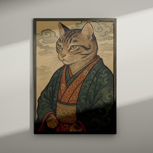 Regal Samurai Cat | Japanese Ukiyo-e Animal Portrait | A2–A5 Digital Printable Wall Art