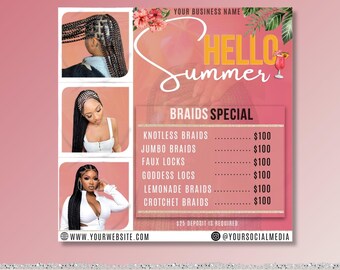 Summer Braid Special Flyer, Braid Prices Flyer, Summer Braids Sale Flyer, Locticians Flyer Template, Premade Summertime Hair Bookings Flyer